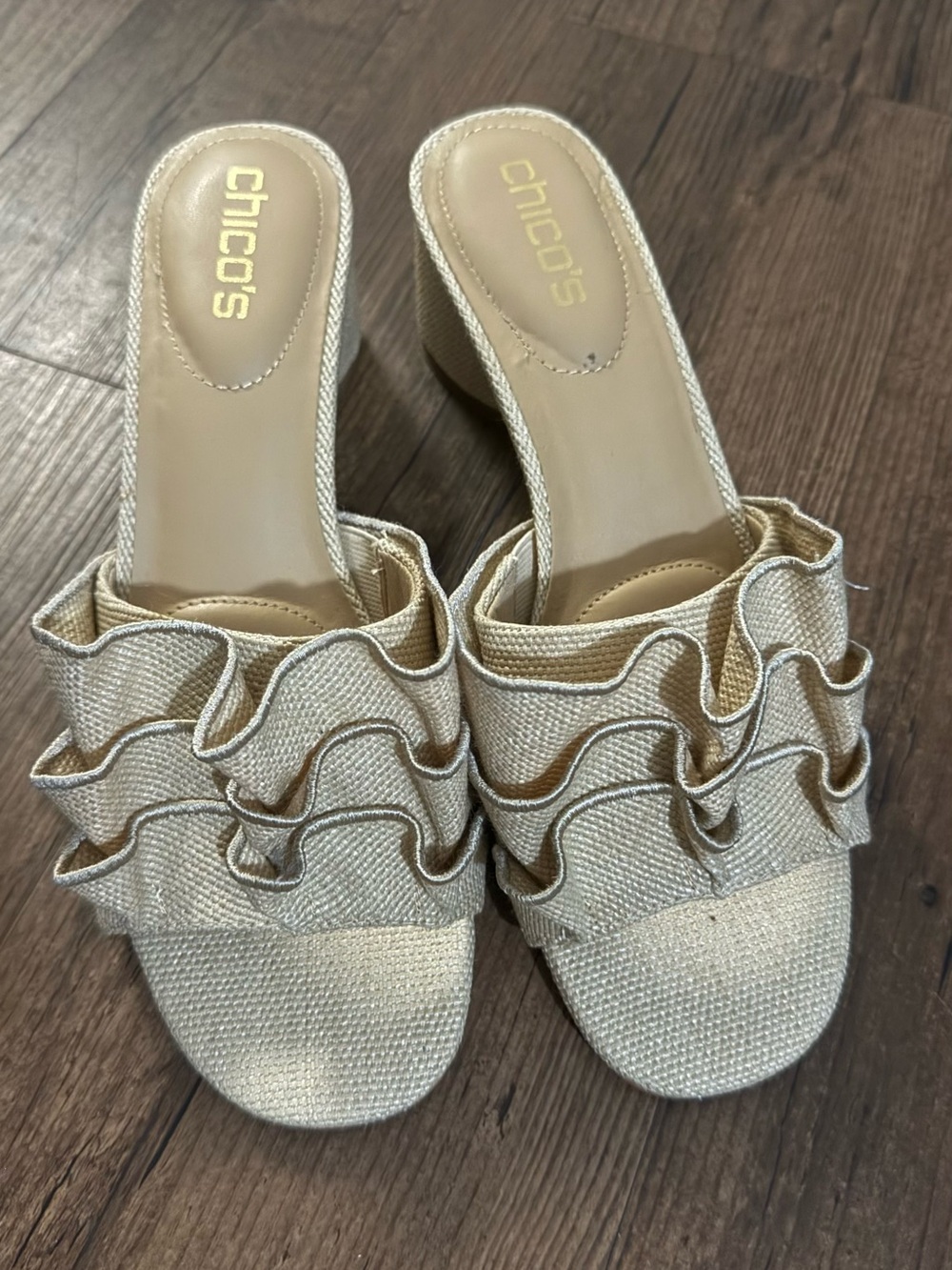 Chico's Cream Ruffle Slide Mules